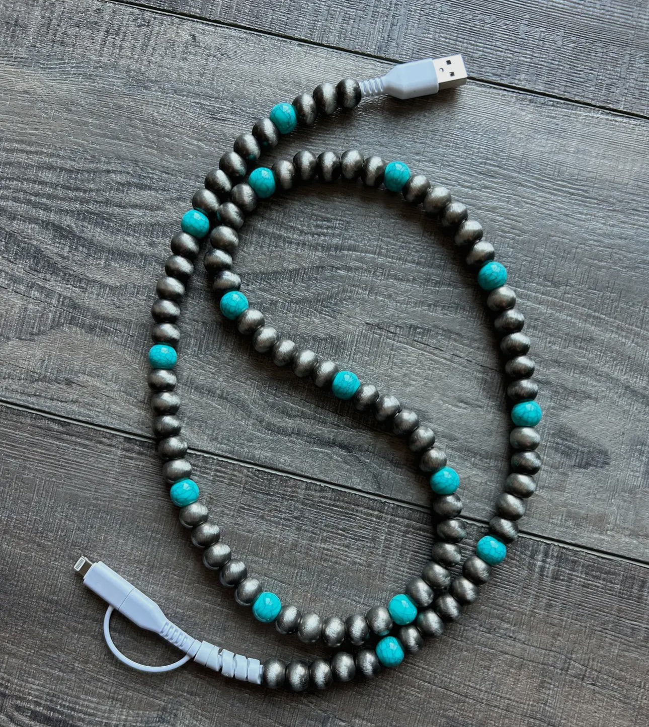 Beaded charger with lightening and USB-C cable
