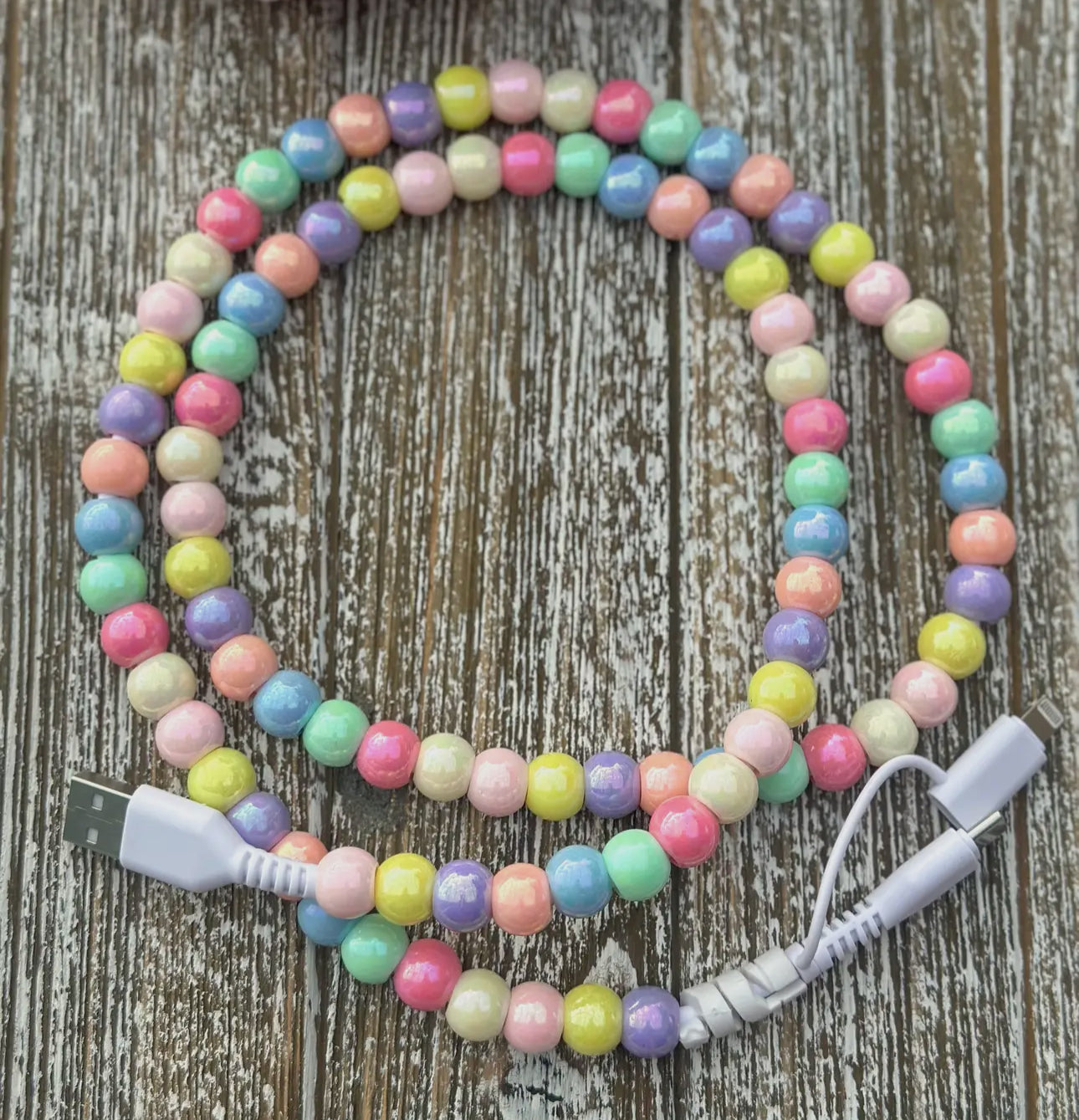 Beaded charger with lightening and USB-C cable