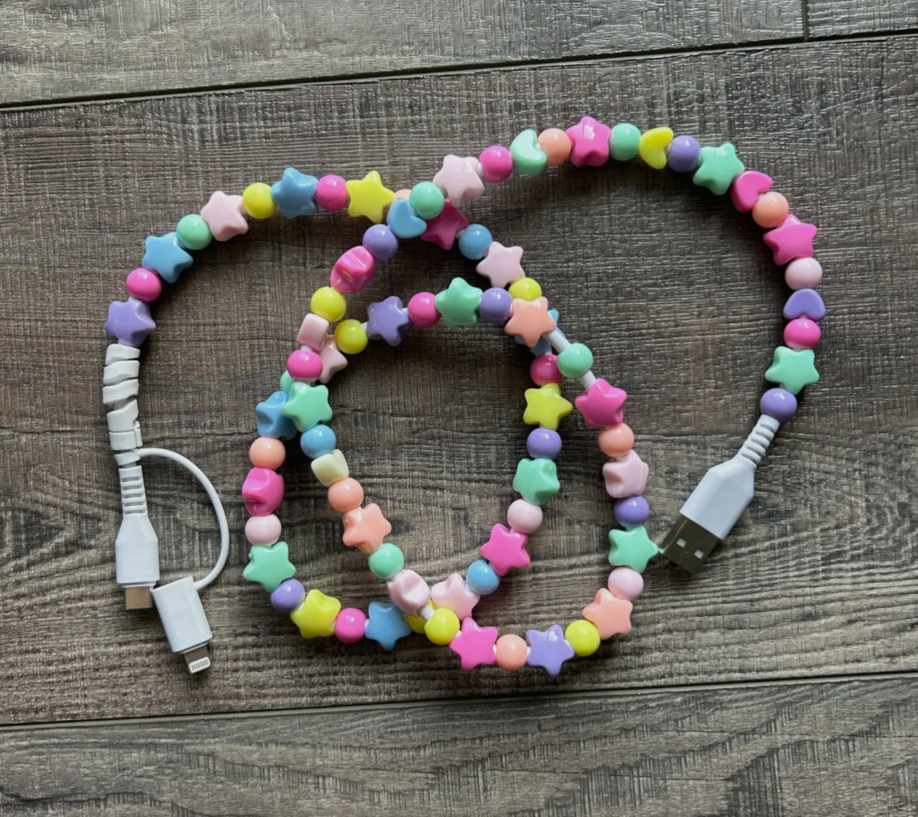 Beaded charger with lightening and USB-C cable